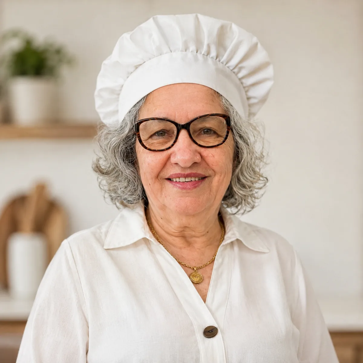 Vó Lenice, uma senhora sorridente com gorro de cozinheira